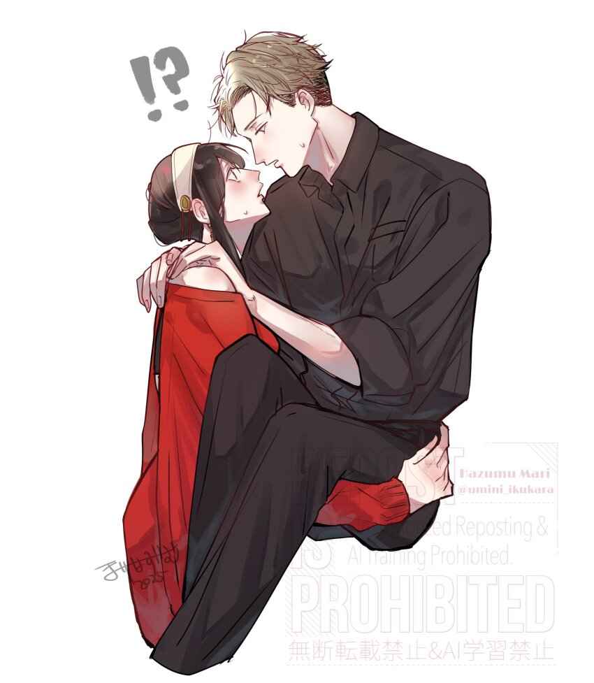 !? 1boy 1girl artist_name bare_shoulders black_hair black_pants black_shirt blonde_hair blush breasts carrying collared_shirt couple dress hairband hands_on_another&#039;s_shoulders hetero highres long_hair looking_at_another medium_breasts off-shoulder_dress off_shoulder pants parted_lips princess_carry red_dress shirt short_hair sidelocks sleeves_rolled_up spy_x_family sweatdrop twilight_(spy_x_family) twitter_username umini_ikukara updo white_background white_hairband yor_briar