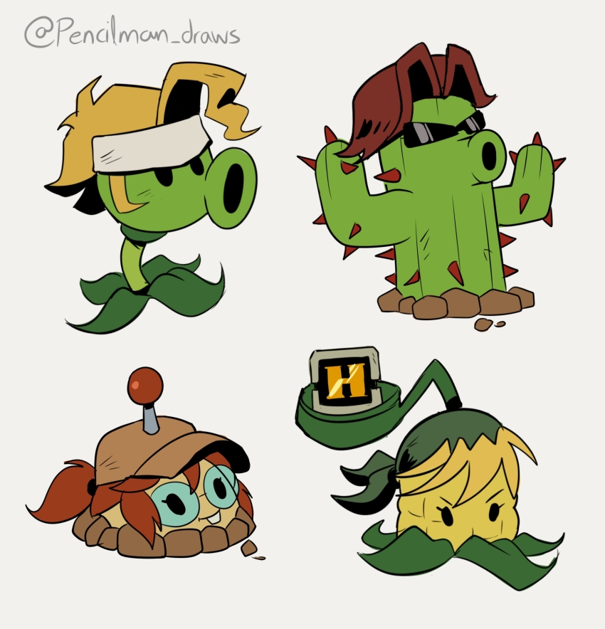 2boys 2girls bandana blonde_hair brown_hair brown_hat cactus_(plants_vs_zombies) commentary english_commentary fio_germi green_bandana hat headband highres kasamoto_eri kernel-pult_(plants_vs_zombies) marco_rossi metal_slug multiple_boys multiple_girls parody peashooter_(plants_vs_zombies) pencilman_draws plants_vs_zombies ponytail potato_mine_(plants_vs_zombies) sunglasses tarma_roving twitter_username white_headband