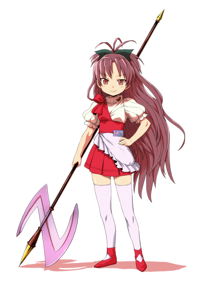 1girl absurdres axe battle_axe cosplay female_focus highres itou_yuuji kneehighs long_hair mahou_shoujo_madoka_magica mahou_shoujo_madoka_magica_(anime) my-hime polearm ponytail red_eyes red_hair sakura_kyoko socks solo sugiura_midori sugiura_midori_(cosplay) thighhighs very_long_hair waitress weapon white_background white_socks zettai_ryouiki