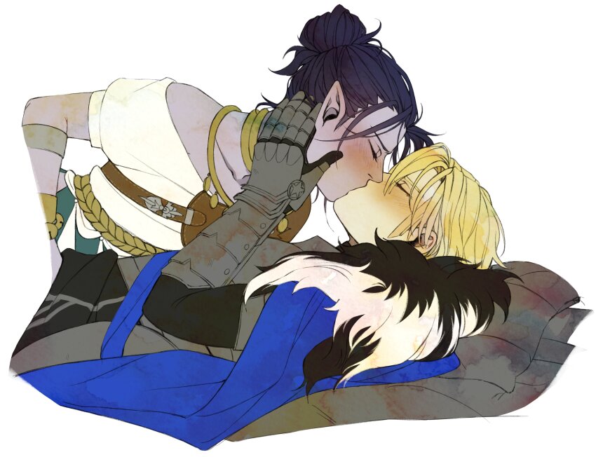 2boys absurdres alternate_universe armlet belt black_fur blue_belt blue_cape blush brown_belt cape chest_belt closed_eyes commentary cropped_torso curtained_hair dancer_(fire_emblem:_three_houses) dimitri_alexandre_blaiddyd english_commentary felix_hugo_fraldarius fire_emblem fire_emblem:_three_houses fur_trim hair_bun hand_on_another&#039;s_face highres jewelry kiss lying male_focus multiple_boys necklace nintendo on_back plaemon pointy_ears profile robe rope_belt short_hair short_sleeves single_hair_bun white_fur white_robe yaoi