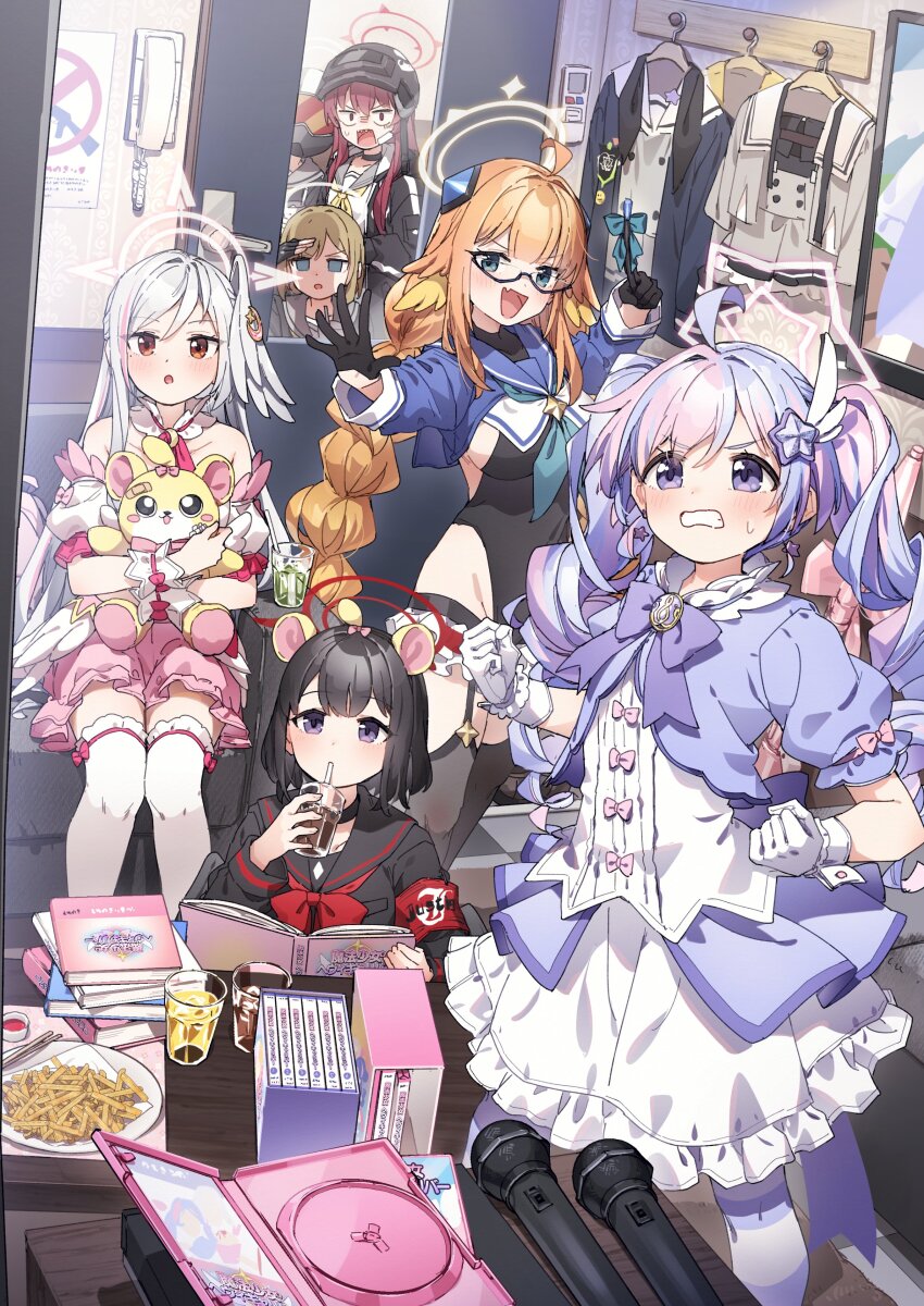 6+girls absurdres bare_shoulders black_gloves black_hair blue_archive breasts clenched_hand detached_sleeves fang glasses gloves half_gloves halo highres long_hair looking_at_viewer magical_girl mashiro_(blue_archive) multiple_girls official_alternate_costume official_alternate_hairstyle open_mouth pantyhose parted_lips pink_hair puffy_short_sleeves puffy_sleeves purple_hair rabu_(blue_archive) reisa_(blue_archive) reisa_(magical)_(blue_archive) shimiko_(blue_archive) shimiko_(magical)_(blue_archive) short_sleeves sitting smile standing striped_clothes striped_pantyhose suzumi_(blue_archive) suzumi_(magical)_(blue_archive) thighhighs twintails white_gloves white_hair white_thighhighs yukie_(kusaka_shi)