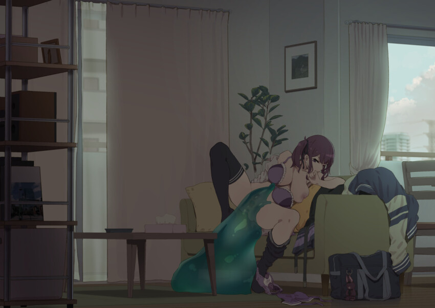 1girl 1other black_thighhighs blush bottomless bra breasts cevio character_request copyright_request couch creature curtains hair_ribbon half-closed_eyes hand_to_own_mouth indoors large_breasts long_hair monster natsuki_karin no_pants on_couch one_breast_out open_bra open_clothes open_shirt panties panties_around_leg plant purple_bra purple_panties red_eyes red_hair ribbon shirt sitting slime_(creature) slime_(substance) spread_legs synthesizer_v table takemura_sessyu thighhighs twintails underwear white_shirt window