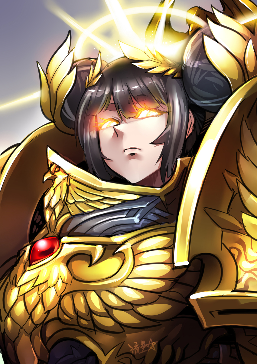 1girl armor black_hair cosplay double_bun emperor_of_mankind emperor_of_mankind_(cosplay) frown glowing glowing_eyes gold_armor hair_bun halo highres indie_virtual_youtuber kuroshima_mayu laurel_crown ryuusei_(mark_ii) sidelocks signature solo thick_eyebrows upper_body virtual_youtuber warhammer_40k