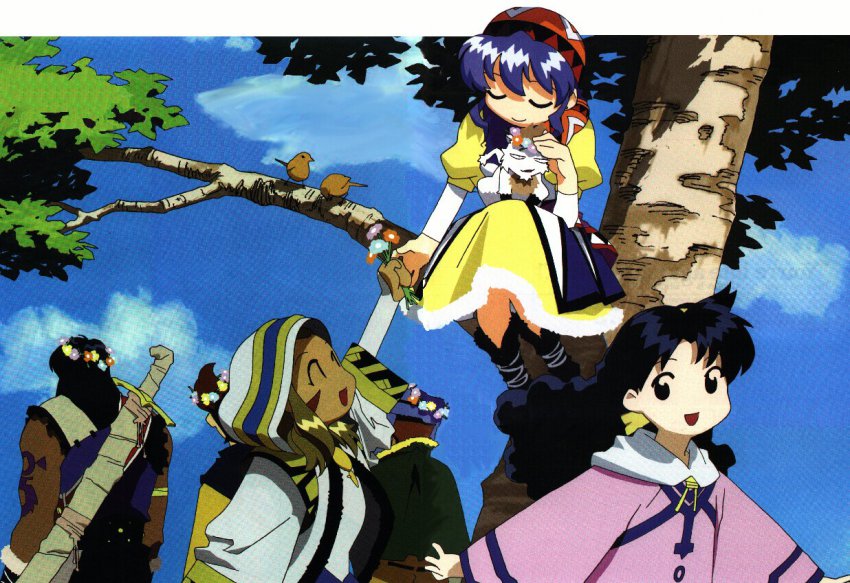 3boys 3girls alex_noah bandana bird blue_hair flower game_arts head_wreath jessica_de_alkirk kyle_(lunar) luna_noah lunar lunar:_the_silver_star markings mia_ausa multiple_boys multiple_girls nall nall_(lunar) nash_rumack official_art ponytail sword tree weapon