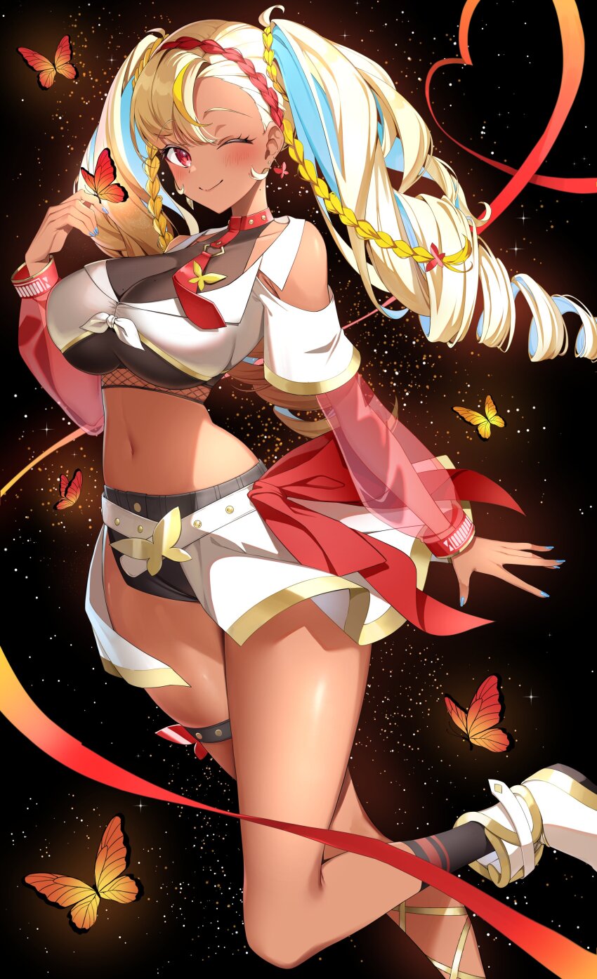 1girl absurdres black_background black_socks blonde_hair blue_hair braid breasts butterfly_earrings collar colored_inner_hair dark-skinned_female dark_skin drill_hair earrings gawawawa highres jewelry large_breasts looking_at_viewer midriff monarch_butterfly multicolored_hair nail_polish navel necktie one_eye_closed red_eyes red_necktie serina_maiko shirt shoes simple_background skirt smile socks solo two-tone_hair v4mirai virtual_youtuber white_shirt white_shoes white_skirt