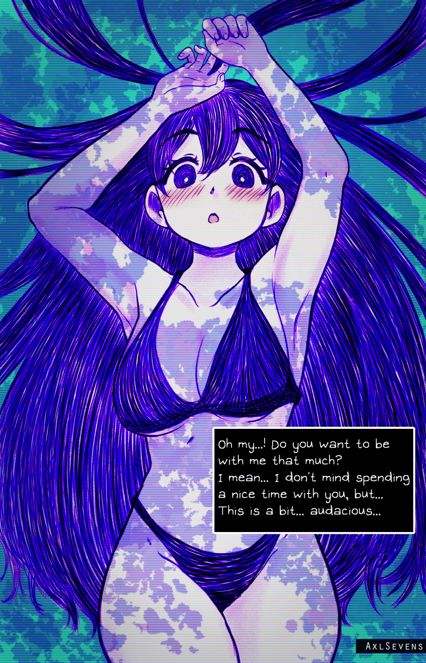 1girl absurdres axl_sevens bare_shoulders bikini black_hair breasts bright_pupils cleavage colored_skin highres long_hair looking_at_viewer mari_(headspace)_(omori) mari_(omori) omori open_mouth purple_eyes purple_hair smile swimsuit white_skin