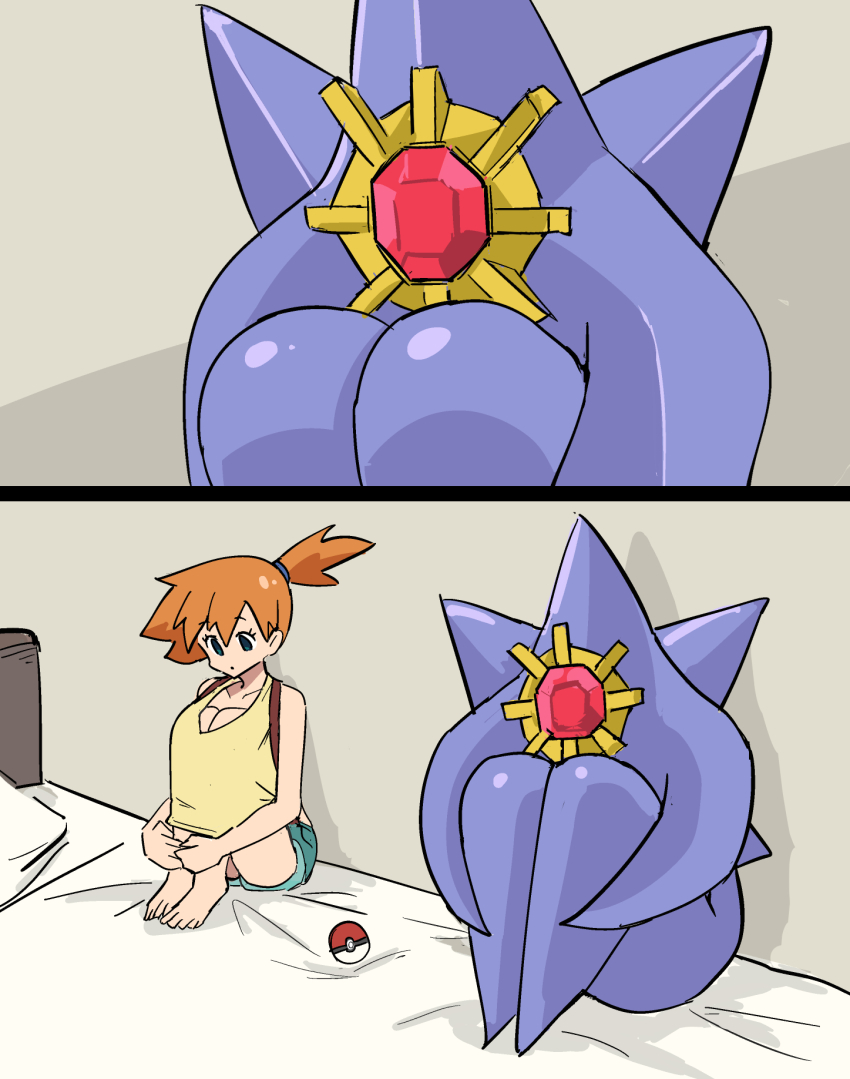 1girl aqua_shorts bag barefoot bed blue_eyes breasts cleavage denim feet gen_1_pokemon green_shorts hands_on_feet highres hugging_own_legs indoors knees_to_chest knees_up large_breasts legs_together looking_down mega_starmie misty_(pokemon) nintendo on_bed orange_hair pillow poke_ball poke_ball_(basic) pokemon pokemon_(anime) pokemon_(classic_anime) pokemon_(creature) sad scene_reference shirt short_hair shorts side_ponytail sitting split_screen starmie tank_top tenten_(chan4545) toes yellow_shirt yellow_tank_top