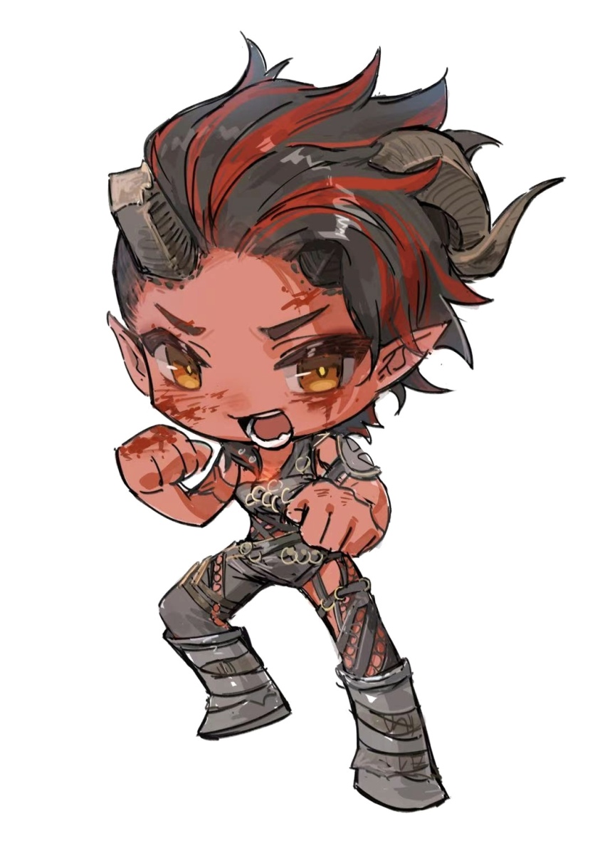 1girl baldur&#039;s_gate baldur&#039;s_gate_3 black_hair blood blood_on_face boots broken_horn bruise bruise_on_face chibi chibi_only clenched_hands colored_skin demon_girl demon_horns dungeons_&amp;_dragons dungeons_&amp;_dragons full_body grey_boots highres horns injury karlach legs_apart multicolored_hair open_mouth pointy_ears red_skin short_hair simple_background solo standing streaked_hair tiefling two-tone_hair v-shaped_eyebrows white_background yellow_eyes yy20251111