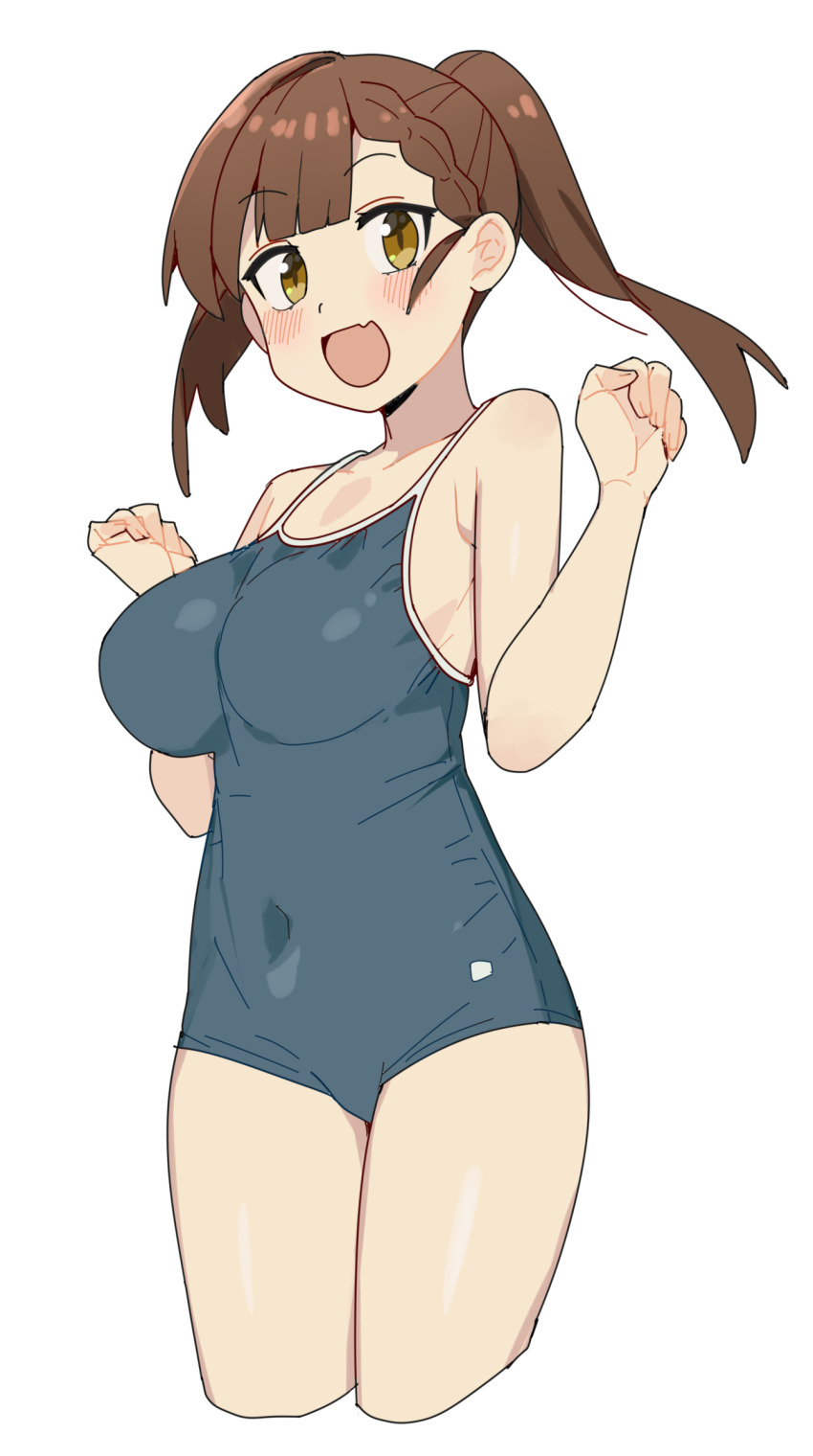1girl :d armpit_crease asymmetrical_bangs bare_arms bare_legs bare_shoulders black_one-piece_swimsuit blunt_bangs blush braid braided_bangs breasts brown_hair chinese_commentary commentary_request covered_navel cowboy_shot cropped_legs fang hands_up highres karubi_(karubi465558) kotobuki_hisako large_breasts looking_at_viewer new_school_swimsuit one-piece_swimsuit open_mouth ponytail school_swimsuit seitokai_ni_mo_ana_wa_aru! simple_background skin_fang smile solo swimsuit w_arms white_background yellow_eyes