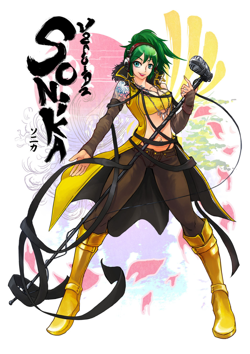 1girl arm_tattoo bare_shoulders black_sleeves blue_eyes boots breasts brown_pants character_name cleavage coat collarbone copyright_name cpux4 detached_sleeves earrings green_eyes green_hair headphones highres holding holding_microphone_stand jewelry large_breasts microphone microphone_stand navel navel_piercing necklace open_clothes open_coat open_mouth pants piercing ponytail solo sonika standing star_(symbol) star_earrings tank_top tattoo vocaloid yellow_boots yellow_coat yellow_tank_top