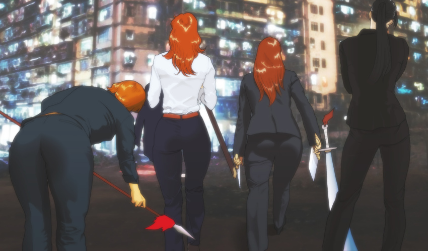 4girls ass bent_over black_hair building cao_li cityscape dao_(weapon) facing_away formal_clothes guan_cai-he highres jian_(weapon) leaning_forward liu_mei-xing long_hair looking_away multiple_girls nappii_(nappy_happy) night orange_hair original pant_suit pants photo_background polearm ponytail qiang_(weapon) red_hair short_hair spear suit sword weapon zhang_yan-hua