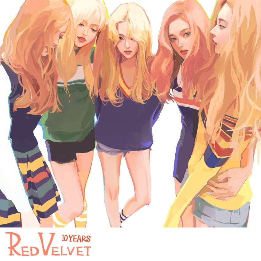 5girls blonde_hair commentary dorcas1004 feet_out_of_frame green_sweater group_name hand_on_another&#039;s_waist hashtag-only_commentary highres irene_(red_velvet) joy_(red_velvet) k-pop long_hair looking_at_another looking_at_viewer multiple_girls real_life red_velvet_(group) seulgi_(red_velvet) shorts simple_background skirt socks sweater symbol-only_commentary wendy_(red_velvet) white_background yellow_socks yeri_(red_velvet)