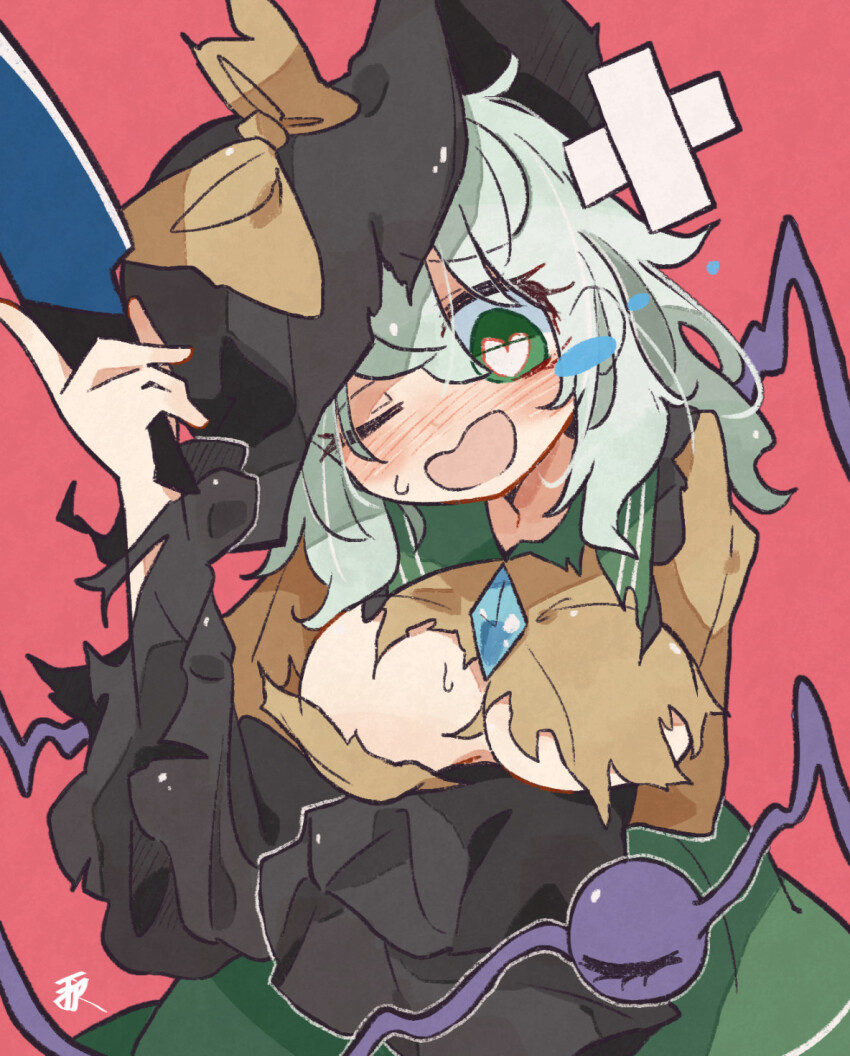 1girl black_hat blush bow breasts buttons collared_shirt crossed_bandaids dashed_eyes diamond_button floating_tears frilled_sleeves frills green_eyes green_hair green_sailor_collar green_skirt hat hat_bow heart heart-shaped_pupils highres holding holding_knife knife komeiji_koishi long_sleeves medium_breasts minoru_minoru nose_blush one_eye_closed open_mouth sailor_collar shirt skirt sweat symbol-shaped_pupils tears third_eye torn_clothes torn_hat torn_shirt touhou unkempt yellow_bow yellow_shirt