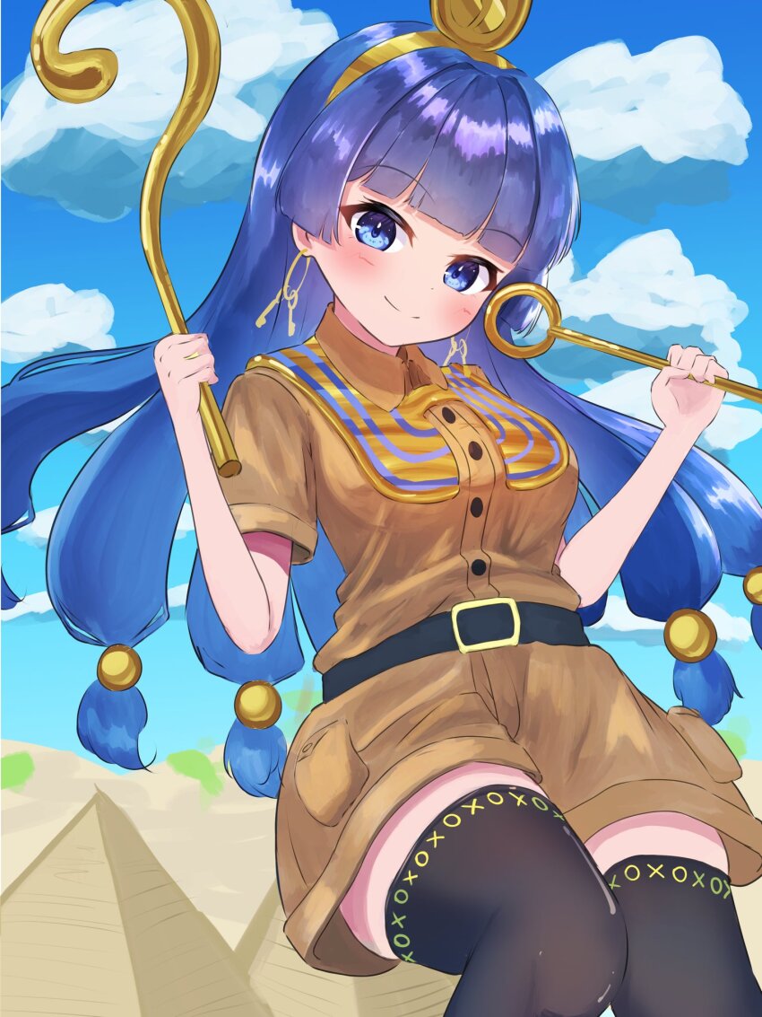 1girl belt black_thighhighs blue_eyes blue_hair blue_sky brown_shirt brown_shorts collared_shirt cowboy_shot earrings facial_mark highres holding holding_scepter jewelry key_earrings long_hair looking_at_viewer low-tied_long_hair michigami_nareko pico_kimuchi pyramid_(structure) scepter shirt short_sleeves shorts sky solo sphere_hair_ornament thighhighs touhou triangle triangle_facial_mark usekh_collar