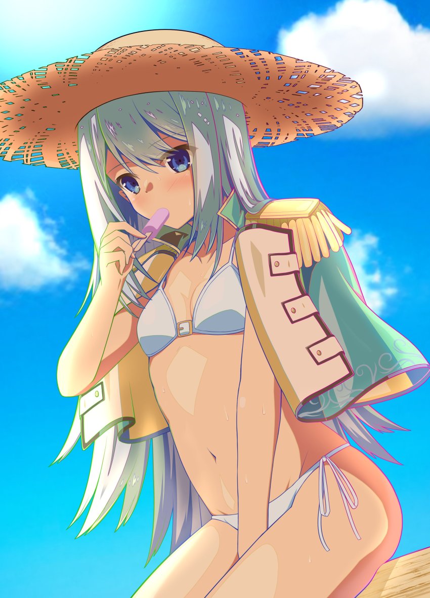 1girl absurdres arm_between_legs ban_hada basijiu_er bikini blue_capelet blue_eyes blue_hair blush breasts capelet cleavage cloud commentary english_commentary food food_in_mouth hat highres in_mouth long_hair looking_down mixed-language_commentary navel nijisanji nijisanji_kr popsicle popsicle_in_mouth side-tie_bikini_bottom sitting sky small_breasts solo straw_hat string_bikini swimsuit virtual_youtuber white_bikini