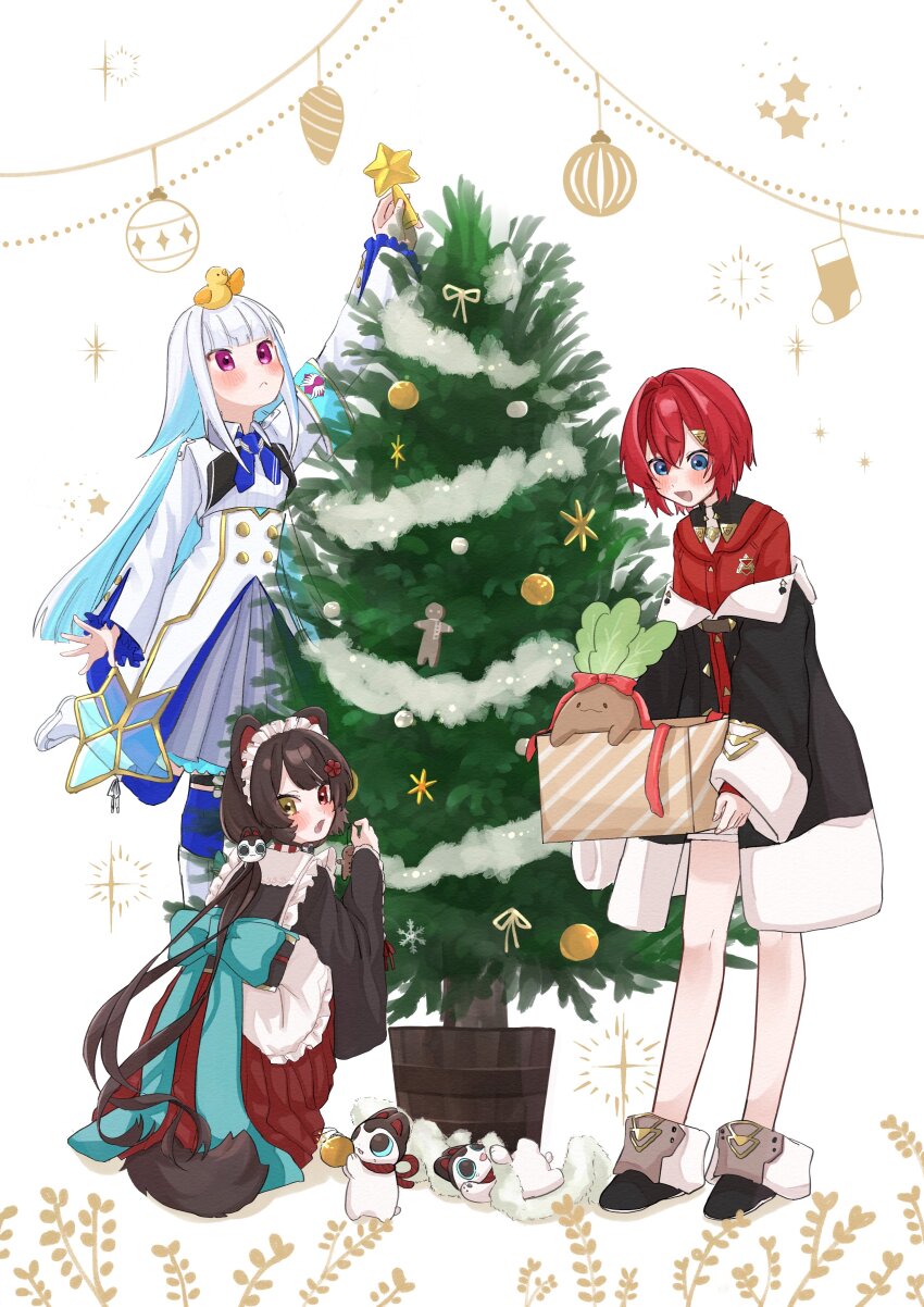 3girls 3znk :&lt; :d absurdres ange_katrina ange_katrina_(1st_costume) animal animal_ears animal_hair_ornament animal_on_head ankle_boots apron aqua_bow armband back_bow banken_(inui_toko) bare_legs bird bird_on_head black_boots black_coat black_kimono black_sash blue_armband blue_eyes blue_hair blue_neckerchief blue_thighhighs blunt_bangs blush boots bow box brown_hair brown_tail buttons cardigan christmas christmas_ornaments christmas_tree closed_mouth coat colored_inner_hair commentary crossed_bangs decorating_christmas_tree dog_ears dog_girl dog_tail double-breasted dress fang flower frilled_apron frilled_skirt frills full_body grey_skirt hair_between_eyes hair_flower hair_intakes hair_ornament heterochromia high-waist_skirt highres holding holding_box in_box in_container inui_toko inui_toko_(1st_costume) japanese_clothes kimono knee_boots layered_skirt leg_up lize_helesta lize_helesta_(1st_costume) long_hair long_skirt long_sleeves looking_at_object looking_at_viewer looking_back looking_up low_twintails maid_headdress mandragora mandragora_(ange_katrina) miniskirt multicolored_hair multiple_girls neckerchief nijisanji obi obiage obijime off_shoulder on_head open_mouth over-kneehighs pleated_skirt purple_eyes reaching red_cardigan red_eyes red_hair red_ribbon red_skirt ribbon sanbaka_(nijisanji) sash sebastian_piyodore shirt short_dress short_hair shrug_(clothing) sidelocks skirt smile sparkle squatting standing standing_on_one_leg star_(symbol) streaked_hair tail tail_under_clothes thigh_strap thighhighs triangle_hair_ornament twintails two-tone_hair very_long_hair virtual_youtuber waist_apron white_apron white_boots white_dress white_hair white_headdress white_shirt white_shrug white_skirt yellow_bird yellow_eyes