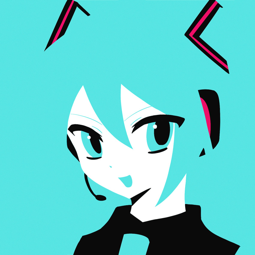 1girl black_shirt blending blue_background blue_eyes blue_hair blue_necktie chinese_commentary collared_shirt commentary_request cropped_shoulders feiwusheng flat_color hair_ornament hatsune_miku headset highres looking_at_viewer necktie open_mouth portrait shirt simple_background smile solo vocaloid