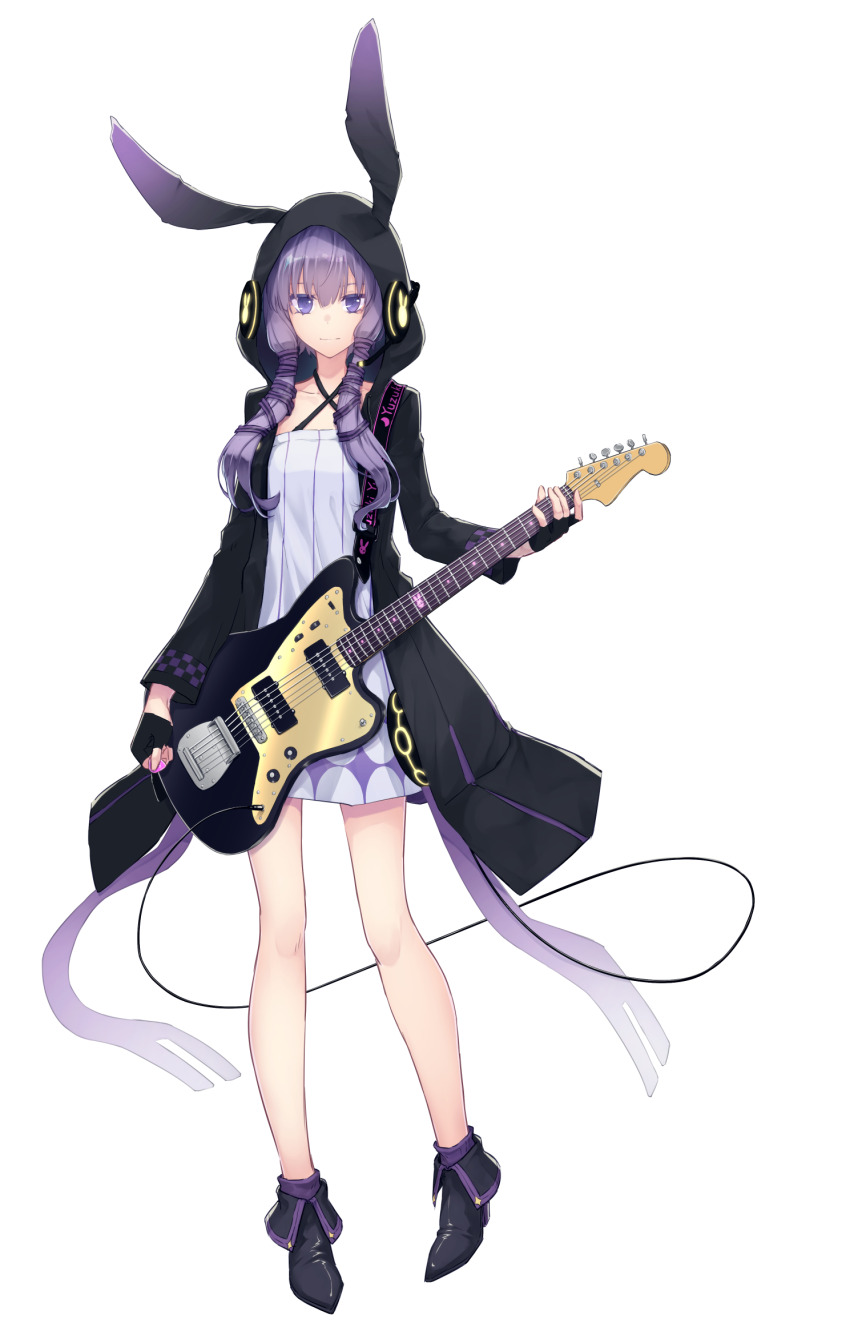 1girl animal_hood avoid_(nicoseiga_14463513) behind-the-head_headphones black_boots black_gloves boots closed_mouth commentary_request criss-cross_halter dress electric_guitar fingerless_gloves full_body gloves guitar halter_dress halterneck headphones headphones_over_headwear highres holding holding_guitar holding_instrument holding_plectrum hood hood_up hooded_coat instrument long_hair long_sleeves plectrum purple_eyes purple_hair rabbit_hood short_dress short_hair_with_long_locks sidelocks smile solo standing tachi-e transparent_background vocaloid voiceroid white_dress yuzuki_yukari yuzuki_yukari_(lin)