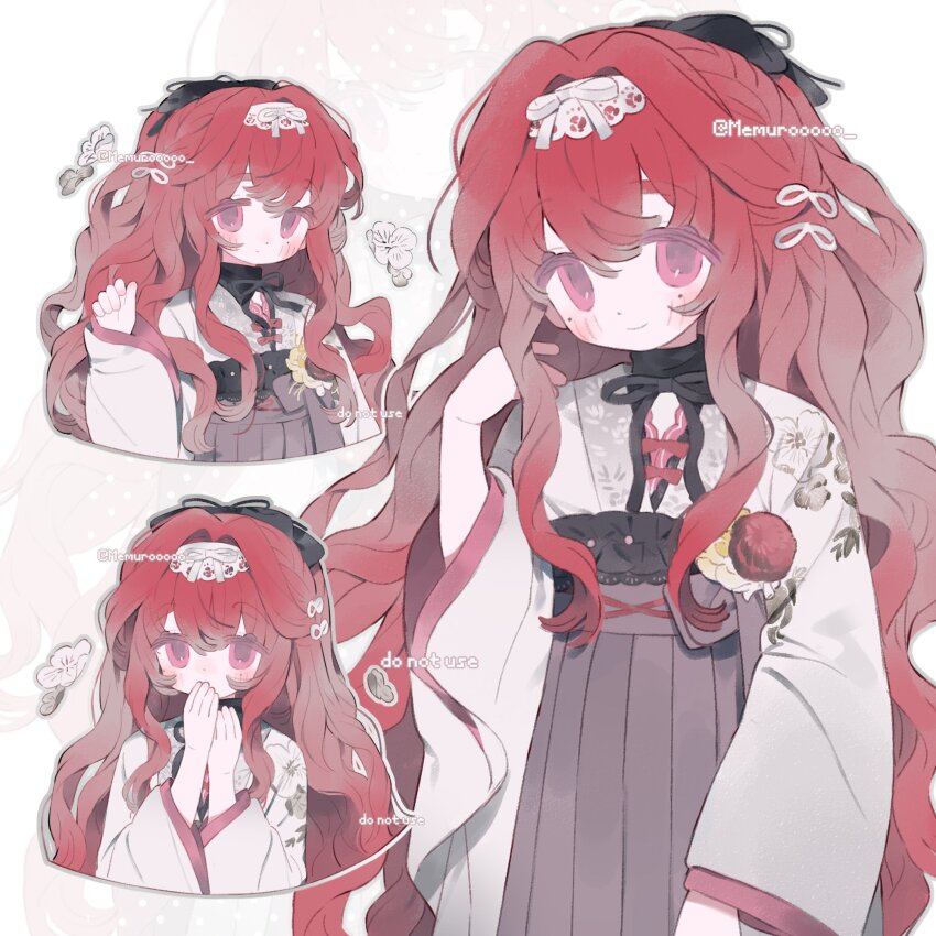 1girl blush bow hair_between_eyes hair_ornament hakama highres japanese_clothes kimono long_hair long_sleeves looking_at_viewer memuro multiple_views original red_hair ribbon smile twitter_username upper_body wide_sleeves
