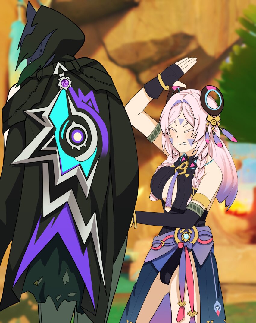 1boy 1girl absurdres armlet asymmetrical_gloves bare_shoulders black_cloak black_gloves black_hood black_leotard blue_gemstone blue_skirt blush bow bracelet braid citlali_(genshin_impact) cleavage_cutout cloak closed_eyes clothing_cutout colored_eyelashes commentary_request crotch elbow_gloves electro_symbol_(genshin_impact) facial_mark feather_hair_ornament feathers fingerless_gloves gem genshin_impact gloves gold gradient_hair grandmother_and_grandson grey_pants hair_intakes hair_ornament hair_rings hair_tubes hand_up highleg highleg_leotard highres hood hooded_cloak imminent_hit jewelry korean_commentary leotard long_hair marucody meme meme_request multicolored_bow multicolored_hair necktie open_hand ororon_(genshin_impact) pants parted_bangs parted_lips pink_hair purple_bow purple_gemstone purple_hair purple_necktie purple_skirt red_bow short_eyebrows showgirl_skirt skirt leotard torn_cloak torn_clothes triangle triangle_facial_mark twin_braids v-shaped_eyebrows vision_(genshin_impact) white_mouth