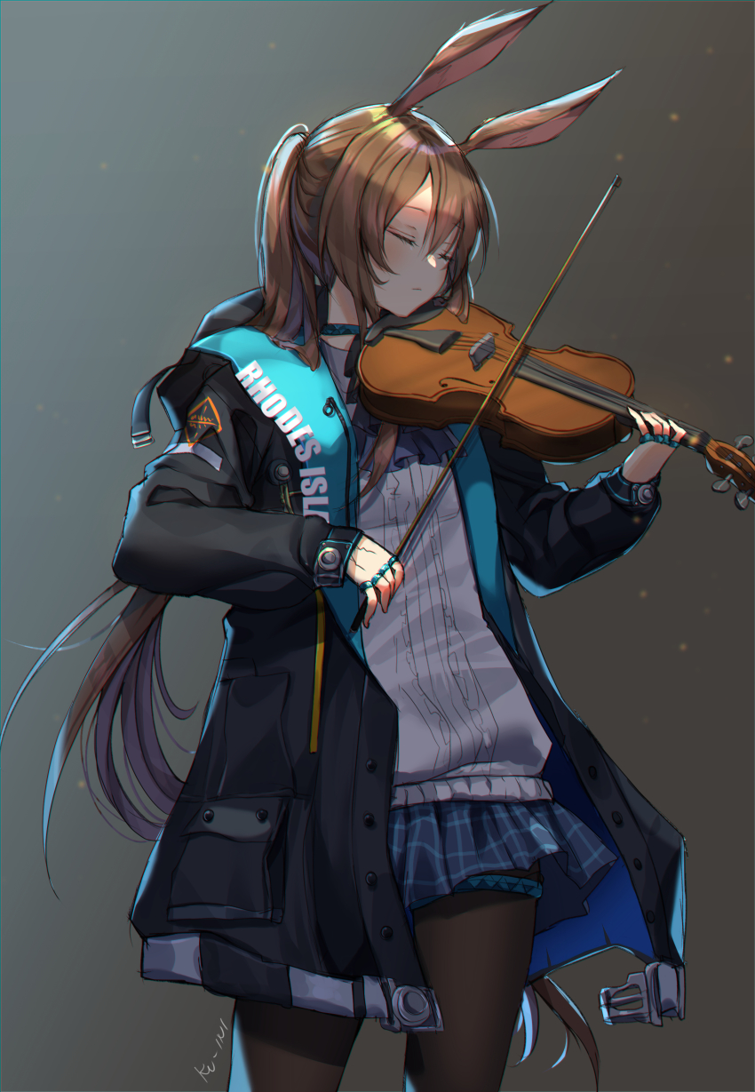 1girl absurdres amiya_(arknights) animal_ears arknights ascot belt black_jacket blue_skirt bow_(music) brown_hair brown_pantyhose choker closed_eyes clothes_writing cowboy_shot crack female_focus garter_straps grey_background hair_between_eyes head_tilt highres holding holding_bow_(music) holding_instrument holding_violin instrument jacket ku-ini light_particles long_hair long_sleeves miniskirt music open_belt open_clothes open_jacket pantyhose plaid_clothes plaid_skirt playing_instrument pocket ponytail rabbit_ears shirt sidelocks skirt solo very_long_hair violin white_shirt