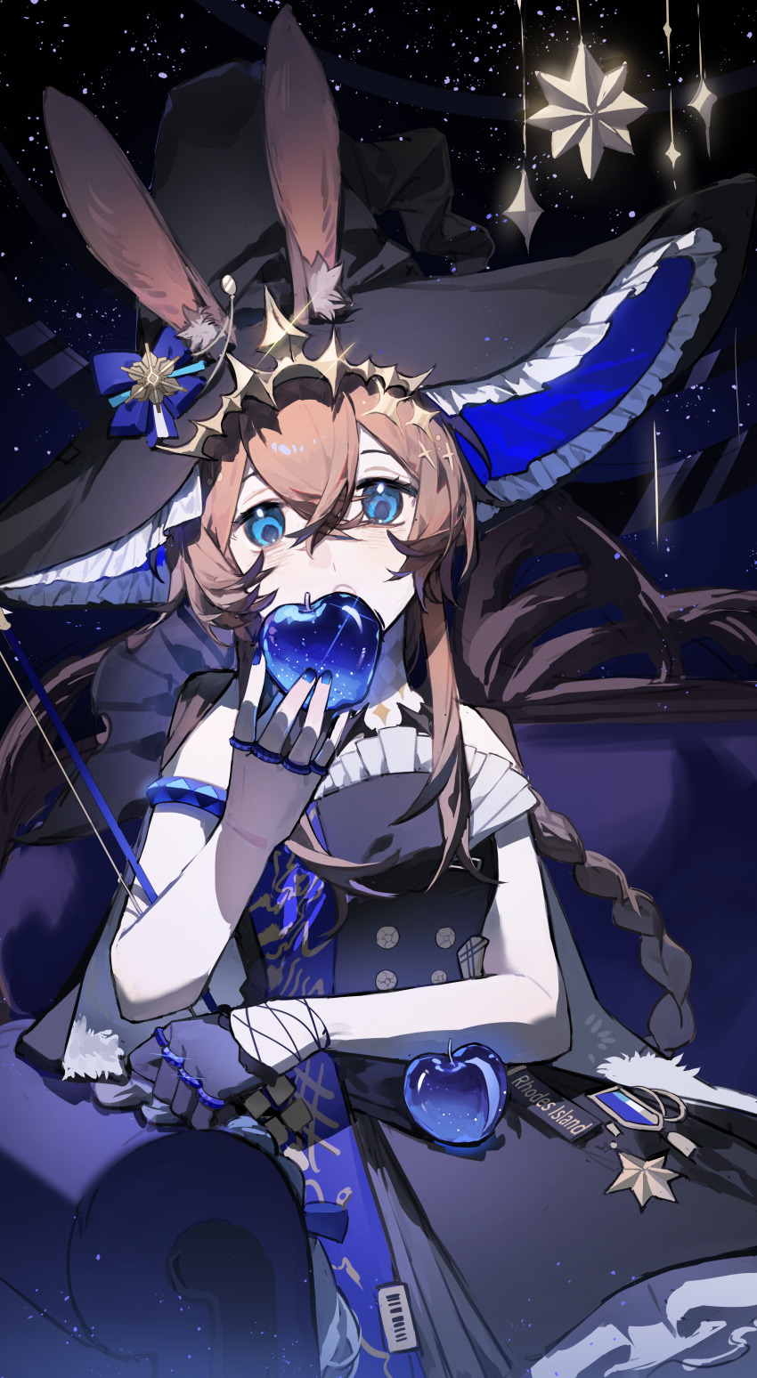 1girl absurdres ambience_synesthesia amiya_(arknights) amiya_(medic)_(arknights) amiya_(medic)_(solo_around_the_world)_(arknights) animal_ear_fluff animal_ears arknights bare_shoulders black_dress black_gloves blue_apple blue_bow blue_nails bow bow_(music) braid brown_hair commentary_request couch cowboy_shot crystal_apple dress food frilled_headwear fruit gloves hand_up hat hat_bow highres holding holding_bow_(music) holding_food holding_fruit jewelry long_hair maorongxingqiu multiple_rings official_alternate_costume on_couch open_mouth rabbit_ears rabbit_girl ring single_glove sky sleeveless sleeveless_dress solo star_(sky) star_(symbol) starry_sky very_long_hair witch_hat