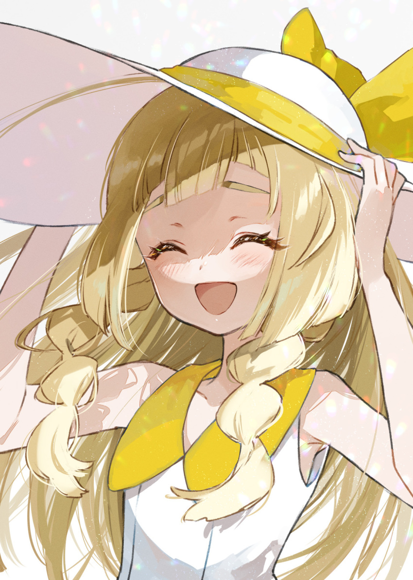 1girl :d bare_arms blonde_hair blush braid closed_eyes collared_dress commentary_request dress eyelashes hands_on_headwear happy hat hat_ribbon highres lillie_(nihilego) lillie_(pokemon) long_hair nintendo open_mouth pokemon pokemon_(anime) pokemon_journeys pokemon_swsh111 ribbon sasairebun sleeveless sleeveless_dress smile solo tongue twin_braids upper_body white_background white_dress white_hat yellow_ribbon