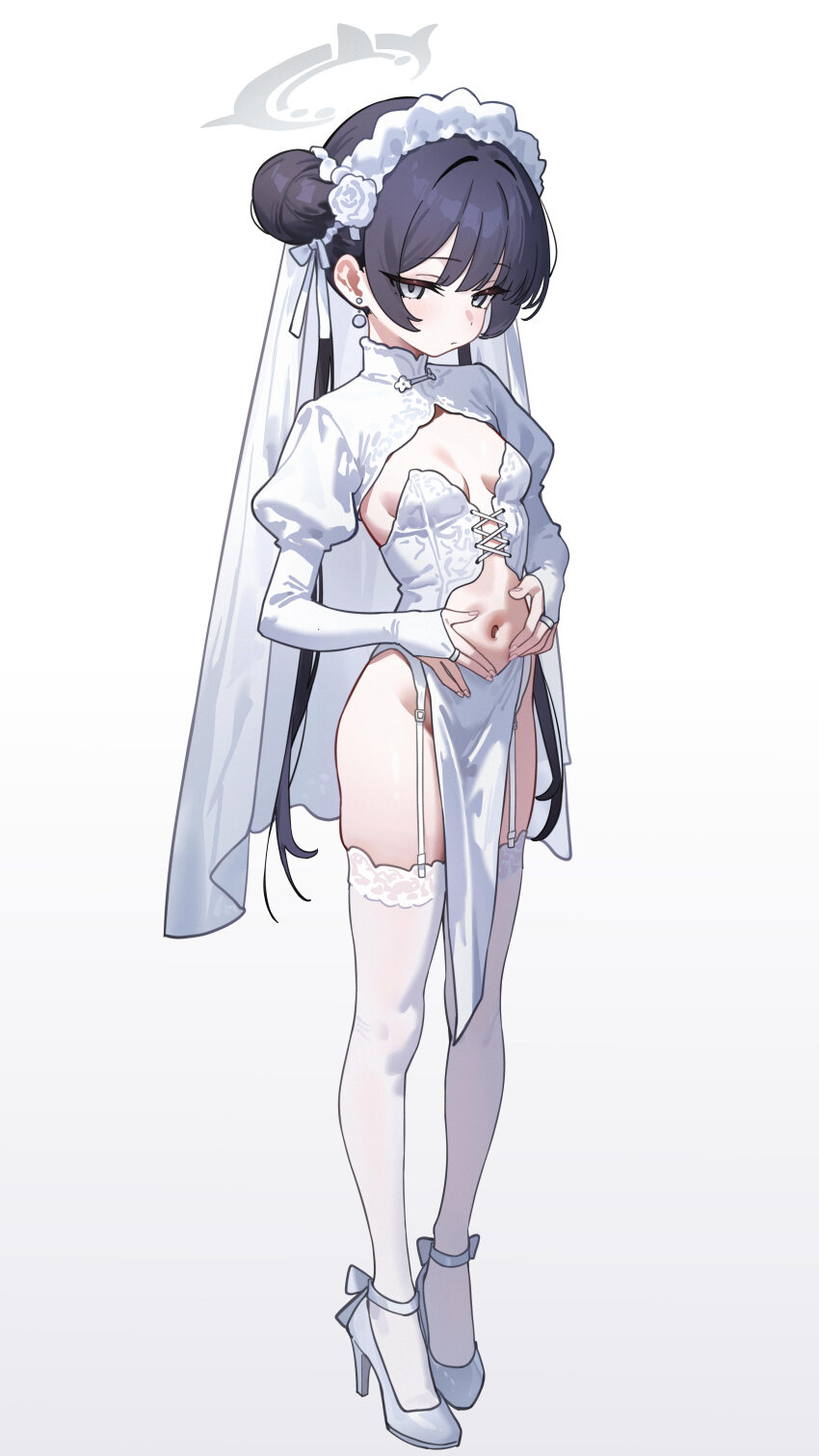 1girl absurdres alternate_costume bare_hips bare_shoulders black_hair blue_archive blush bow breasts bridal_gauntlets bridal_veil bride center_opening closed_mouth double_bun dress earrings eco_376124 expressionless frilled_hairband frills full_body garter_belt garter_straps grey_eyes grey_halo hair_between_eyes hair_bow hair_bun hairband halo hands_on_own_stomach high_heels highres jewelry juliet_sleeves kisaki_(blue_archive) lace lace_thighhighs loli long_hair long_sleeves looking_at_viewer navel pelvic_curtain puffy_sleeves shoes shrug_(clothing) simple_background small_breasts solo standing thighhighs twintails veil wedding_dress white_background white_bow white_dress white_garter_belt white_garter_straps white_shoes white_shrug white_thighhighs zettai_ryouiki