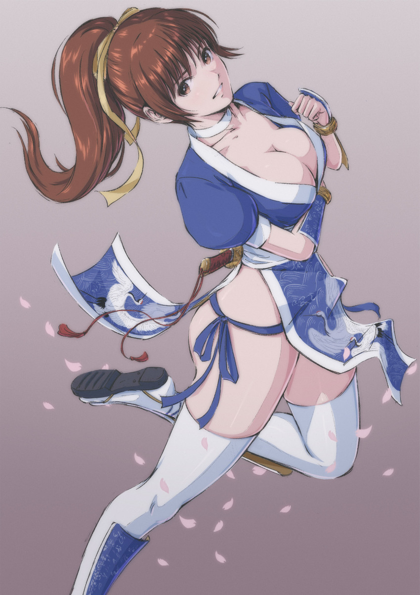 1girl absurdres arm_under_breasts blue_shirt breasts brown_eyes brown_hair choker cleavage collarbone commentary_request dead_or_alive dead_or_alive_3 gradient_background highres japanese_clothes kasumi_(doa) kodachi leg_up long_hair looking_at_viewer medium_breasts ninja parted_lips pelvic_curtain ponytail puffy_short_sleeves puffy_sleeves shirt short_sleeves short_sword simple_background smile solo sword thighhighs thighs tyanoki weapon white_choker white_thighhighs