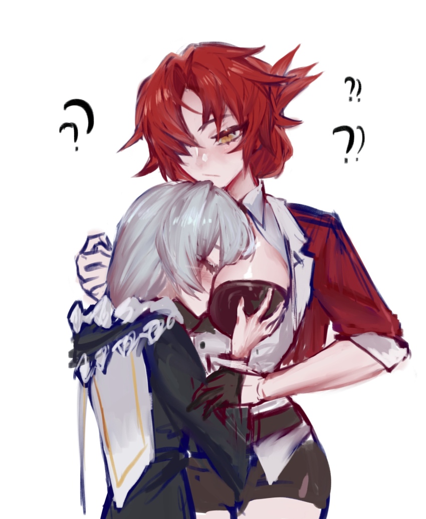 2girls ? ?? absurdres between_breasts black_dress black_gloves breasts brown_shorts closed_eyes closed_mouth dress gloves grabbing_another&#039;s_breast groping highres honkai_(series) honkai_impact_3rd jacket large_breasts long_hair multiple_girls murata_himeko murata_himeko_(battle_storm) nightglow_(user_hjnj3734) nun red_hair red_jacket shorts simple_background single_glove sketch theresa_apocalypse theresa_apocalypse_(valkyrie_pledge) white_background white_hair yellow_eyes yuri
