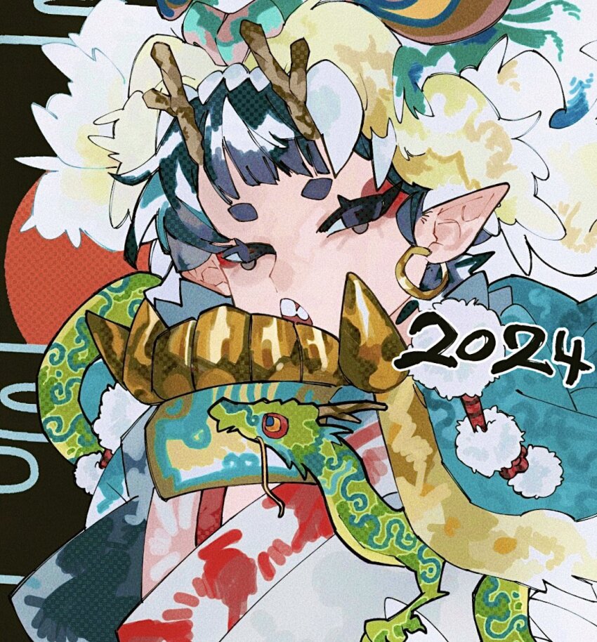 1girl 2024 chinese_zodiac dragon dragon_girl dragon_horns dragon_mask earrings egasumi horns japanese_clothes jewelry kamoda35_(fwwwei11) kimono looking_at_viewer new_year open_mouth original pointy_ears pom_pom_(clothes) short_eyebrows solo upper_body year_of_the_dragon