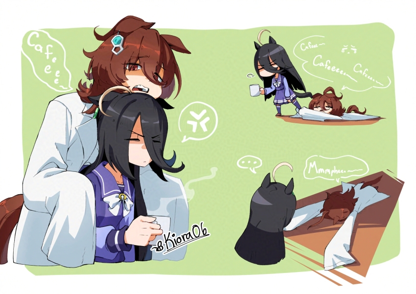 ... 2girls agnes_tachyon_(umamusume) ahoge anger_vein animal_ears annoyed black_hair bow bowtie brown_hair chibi chibi_inset closed_eyes closed_mouth coat cup ear_ornament ear_tag earrings ears_down eyes_visible_through_hair frown furrowed_brow hair_between_eyes hair_over_one_eye heads_together highres holding holding_cup horse_ears horse_girl horse_tail hug hug_from_behind jewelry kiora06 lab_coat long_bangs long_hair long_hair_between_eyes lying manhattan_cafe_(umamusume) medium_hair mug multicolored_hair multiple_girls on_floor on_stomach open_mouth purple_sailor_collar purple_shirt purple_thighhighs red_eyes sailor_collar shirt single_earring sleeves_past_fingers sleeves_past_wrists spoken_anger_vein spoken_ellipsis steam steaming_cup tail tearing_up thighhighs umamusume very_long_hair white_bow white_bowtie white_coat white_hair
