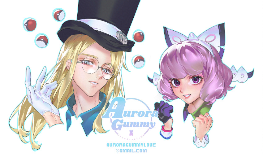 1boy 1girl absurdres artist_name auroragummy avery_(pokemon) black_hat blonde_hair bow_hairband bracelet clenched_hands commentary_request dynamax_band email_address eyelashes glasses gloves hairband hand_up hands_up hat highres jewelry klara_(pokemon) korean_commentary long_hair nintendo poke_ball poke_ball_(basic) pokemon pokemon_swsh purple_eyes ring round_eyewear shirt single_glove teeth telekinesis top_hat watermark white_background white_gloves white_hairband