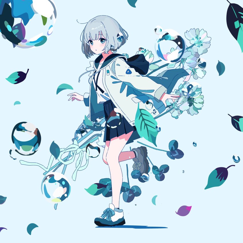 1girl absurdres black_ribbon black_skirt blue_background blue_eyes blue_flower blue_shoes blue_skirt blue_theme blunt_bangs bob_cut closed_mouth clover commentary_request dot_mouth drawstring flower from_side full_body grey_hair highres hood hood_down hooded_jacket illmaticblue jacket leaf leg_up light_blue_jacket long_sleeves looking_to_the_side neck_ribbon no_nose official_art open_clothes open_jacket outstretched_arm pleated_skirt rainfall_(tuyu) ribbon shadow shirt shirt_tucked_in shoes short_hair simple_background skirt sleeve_cuffs solo standing standing_on_one_leg tuyu_(band) undone_neck_ribbon water water_drop white_jacket white_shirt white_shoes