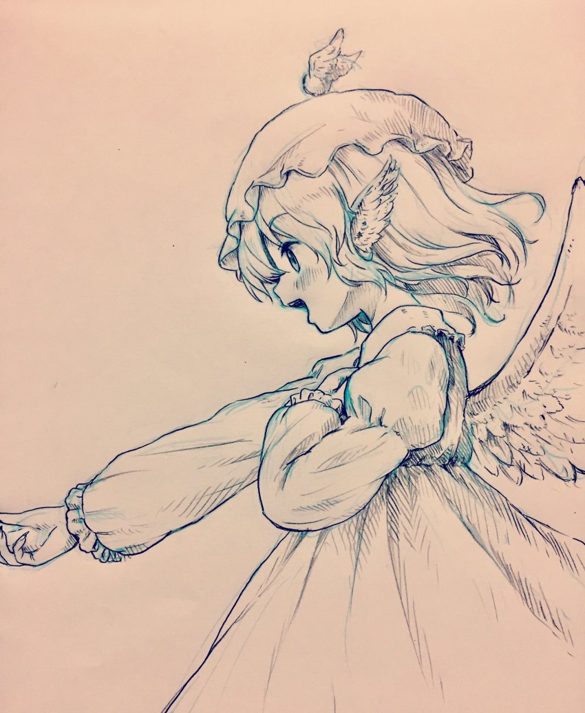 1girl animal_ears arinu bird_ears bird_wings blush dress fingernails frilled_sleeves frills hair_between_eyes highres long_sleeves mystia_lorelei open_mouth sharp_fingernails short_hair smile solo touhou traditional_media upper_body winged_hat wings