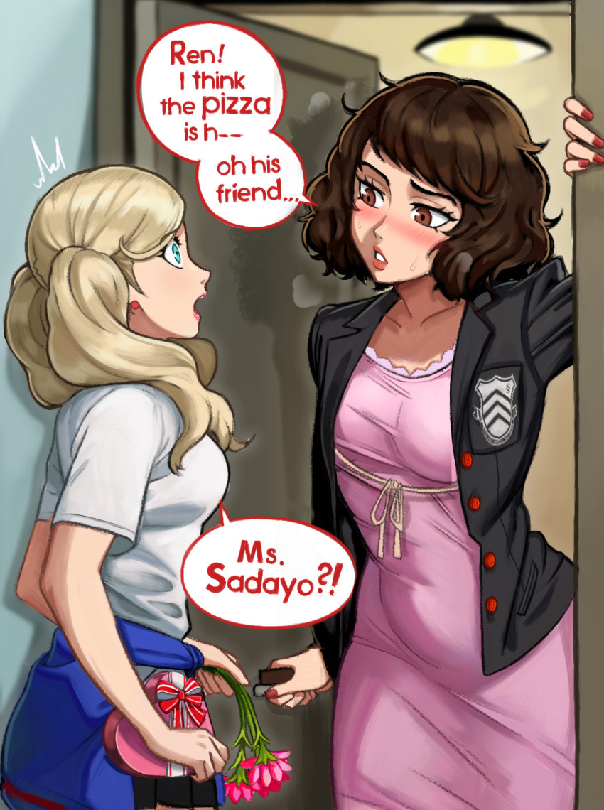 2girls blonde_hair blue_eyes box brown_eyes brown_hair chocolate covered_navel english_text gift heart-shaped_box highres kawakami_sadayo long_hair multiple_girls neggoartz persona persona_5 takamaki_anne valentine