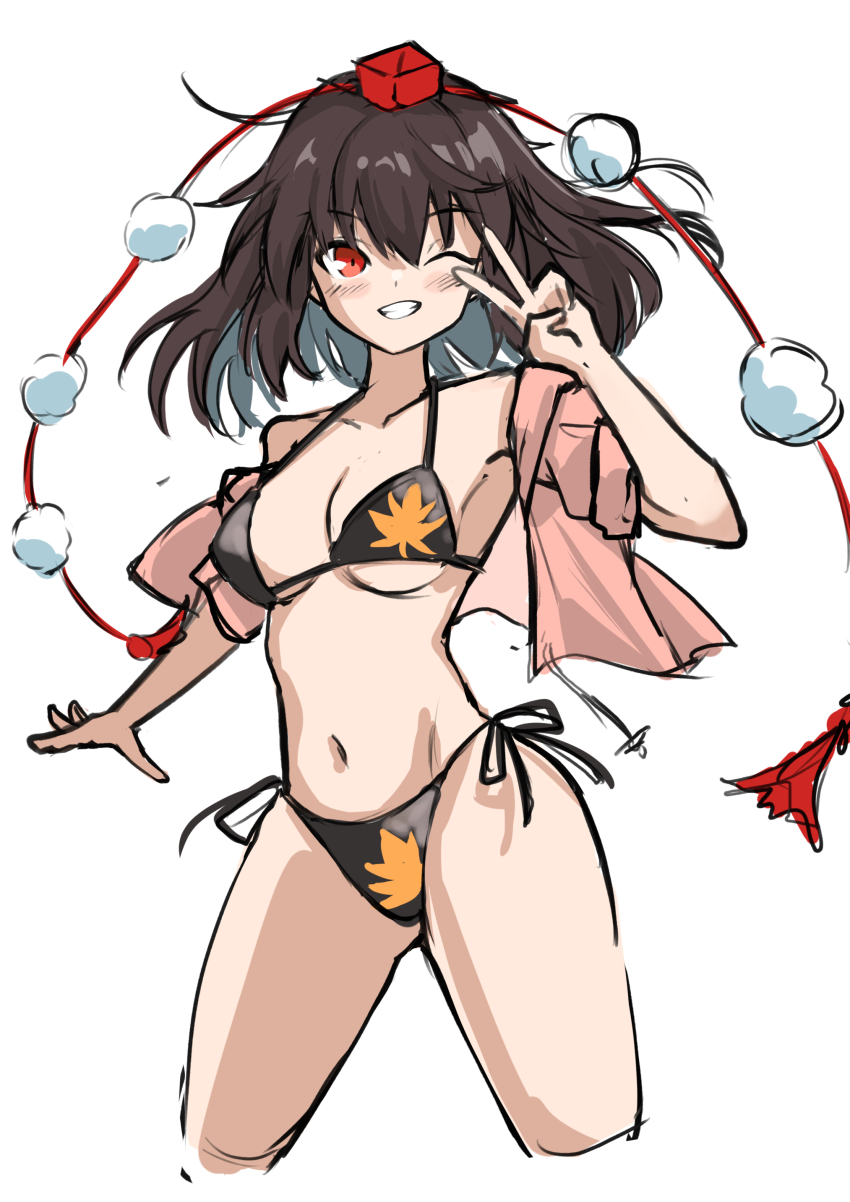 1girl absurdres bikini black_bikini black_hair black_panties breasts collarbone hat highres hip_focus looking_at_viewer navel off-shoulder_shirt off_shoulder open_clothes panties pom_pom_(clothes) red_eyes red_hat shameimaru_aya shirt short_hair simple_background smile solo string_bikini swimsuit thighs tokin_hat touhou underboob underwear v white_background yuuka_(a0240765)