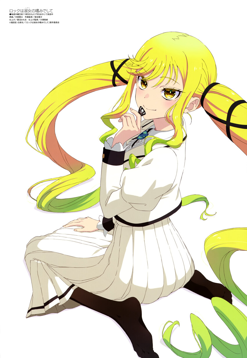 1girl absurdres black_socks blonde_hair copyright_name copyright_notice female_focus gradient_hair green_hair highres holding holding_plectrum kiso_yuuta kneeling long_hair looking_at_viewer magazine_scan matching_hair/eyes megami_magazine multicolored_hair official_art plectrum rock_wa_lady_no_tashinami_deshite scan school_uniform simple_background skirt smile socks solo suzunomiya_lilisa twintails very_long_hair white_background white_skirt yellow_eyes