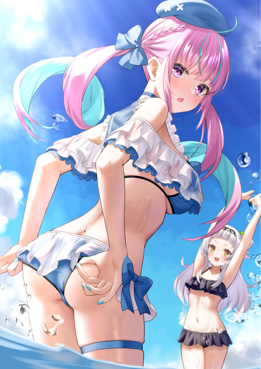 2girls adjusting_clothes adjusting_swimsuit ahoge alternate_costume aqua_hair arched_bangs arms_up ass beret bikini black_bikini blue_bikini blue_hat blue_sky blunt_bangs braid breasts cloud colored_inner_hair commentary_request cone_hair_bun day drill_hair faubynet frilled_bikini frills grey_hair hair_bun half_up_braid hat highres hololive large_breasts linea_alba long_hair looking_at_viewer median_furrow minato_aqua multicolored_hair multiple_girls murasaki_shion navel open_mouth outdoors outstretched_arms pink_hair purple_eyes revision short_eyebrows side-tie_bikini_bottom side_up_bun sidelocks single_side_bun sky stomach streaked_hair stretching swimsuit thigh_strap twin_drills twintails two-tone_hair virtual_youtuber wading water yellow_eyes