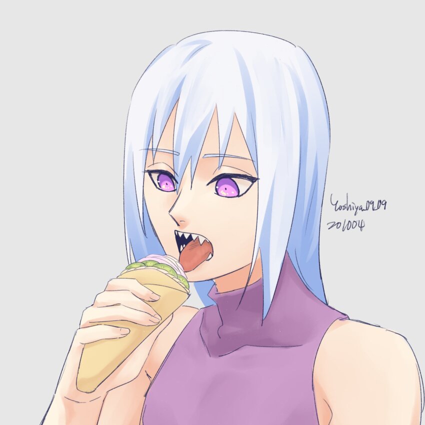crepes food highres holding holding_food hoozuki_suigetsu licking_ice_cream male_focus naruto_(series) naruto_shippuuden purple_eyes purple_shirt sharp_teeth shirt short_hair sleeveless sleeveless_shirt solo teeth white_hair yoshiya0909