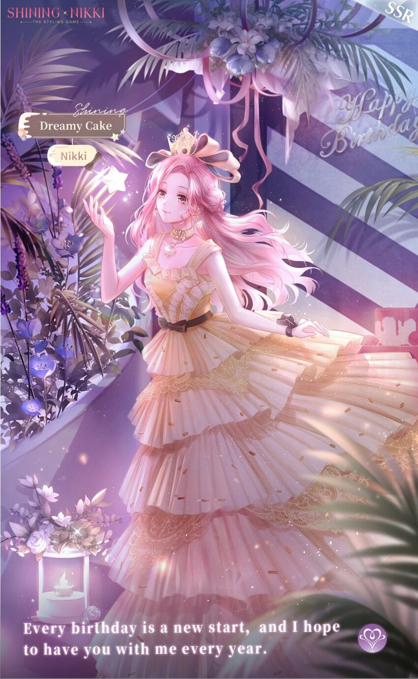 1girl artist_request bare_arms bare_shoulders black_bow blue_flower bow brown_eyes cake chain character_name choker closed_mouth collarbone copyright_name cupcake dreamy_cake_(shining_nikki) dress earrings english_text floating_clothes floating_hair flower food food-themed_hair_ornament frilled_dress frills full_body gold_earrings gown hair_bow hair_bun hair_ornament hand_up hanging_plant happy happy_birthday heart heart_choker heart_earrings highres jewelry large_bow lavender_(flower) light_blush logo long_dress long_hair looking_at_object night nikki_(nikki) nikki_(series) object_floating_above_hand official_art palm_leaf pink_hair purple_flower second-party_source shining_nikki single_side_bun sleeveless sleeveless_dress smile solo stairs star_(symbol) very_long_hair waist_bow walking wavy_hair wrist_bow yellow_bow yellow_choker yellow_dress