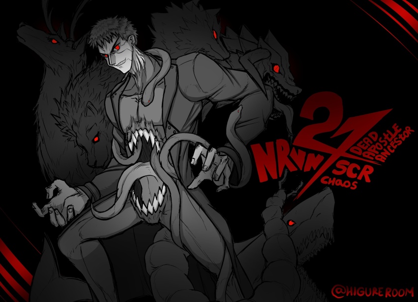 animal black_coat coat fighting_stance highres higureroom long_tongue looking_at_viewer male_focus melty_blood muscular muscular_male nrvnqsr_chaos pectorals red_eyes sharp_teeth short_hair stomach_mouth teeth tongue tsukihime type-moon