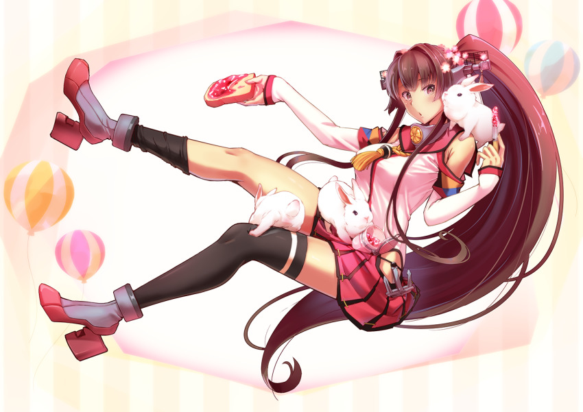 1girl animal bare_shoulders black_thighhighs breasts brown_eyes brown_hair detached_sleeves female_focus flower food hair_flower hair_intakes hair_ornament headgear high_heels hip_vent holding holding_food kantai_collection large_breasts liking long_hair miniskirt pleated_skirt ponytail rabbit red_skirt rudder_footwear single_thighhigh skirt solo thighhighs very_long_hair yamato_(kancolle) z-flag