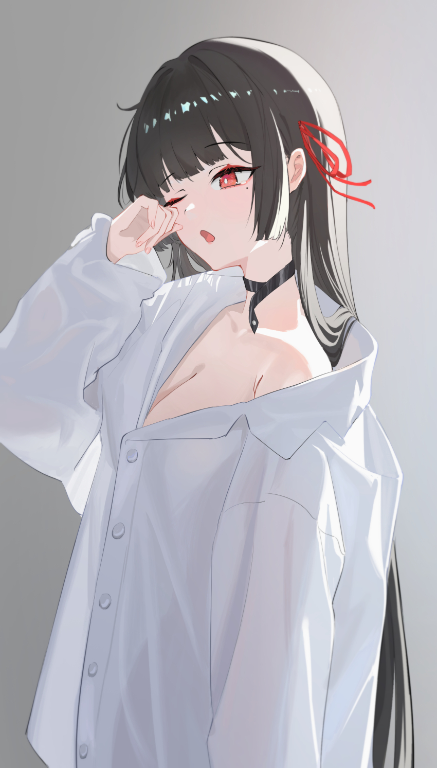 1girl a_ku_kaka absurdres black_choker black_hair breasts chisa_(wuthering_waves) choker cleavage fingernails hair_ribbon highres long_hair medium_breasts mole mole_under_eye one_eye_closed open_mouth red_eyes red_ribbon ribbon rubbing_eyes single_off_shoulder solo upper_body very_long_hair wuthering_waves