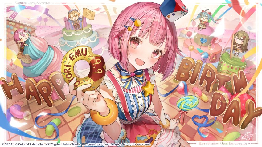 +_+ 2boys 3girls :d ^_^ aqua_eyes aqua_hair blonde_hair blue_eyes bob_cut candy character_name chibi closed_eyes commentary_request copyright_notice cupcake dated donut dress food food_bite green_hair guest_art hair_ornament hairclip happy_birthday hatsune_miku heart highres holding holding_candy holding_donut holding_food holding_lollipop jelly_bean kamishiro_rui kusanagi_nene lollipop looking_at_viewer lower_teeth_only multicolored_hair multiple_boys multiple_girls official_art ootori_emu open_mouth pink_eyes pink_hair project_sekai purple_hair second-party_source signature smile solo_focus sprinkles star_(symbol) streaked_hair teeth tenma_tsukasa tetta_(tettaakira) tongue twintails vocaloid wonderlands_x_showtime_(project_sekai) wonderlands_x_showtime_miku yellow_eyes