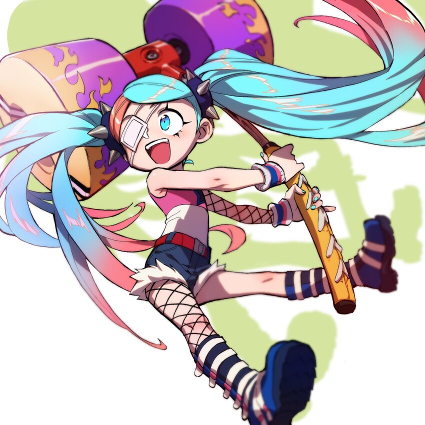 1girl ahoge aqua_eyes aqua_hair aqua_nails artistic_error backdrop belt belted_shorts blue_boots blue_shorts blurry boots child commentary_request denim denim_shorts eyelashes eyepatch flame_print gradient_hair gungho hammer highres holding holding_hammer holding_weapon knee_boots kushabiria lone_nape_hair long_hair looking_to_the_side lucy_(ninjala) medical_eyepatch multicolored_hair ninjala official_art one_eye_covered parted_bangs pink_hair pink_shirt print_shirt red_belt shirt shoe_soles shoes shorts simple_background single_bare_arm single_bare_shoulder single_fishnet_armwear single_fishnet_legwear sk8_hammer_(ninjala) skinny sleeveless sleeveless_shirt smile solo spiked_hair_ornament star_(symbol) striped_wristband teeth torn_clothes torn_shorts twintails twintails_day two-tone_hair two-tone_shirt upper_teeth_only very_long_hair weapon white_background white_shirt white_sleeves wrestling_boots wristband