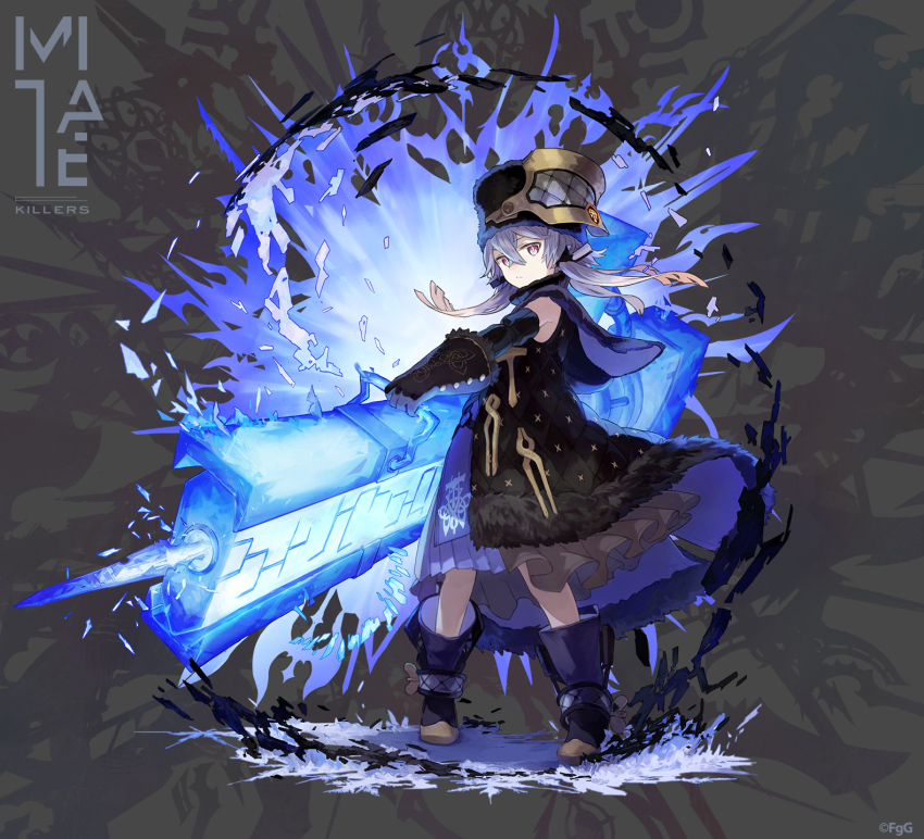 1girl ancient_killers_(phantom_of_the_kill) black_boots black_dress black_gloves boots closed_mouth commentary_request company_name dress full_body gloves glowing glowing_weapon grey_background grey_hair hat highres holding looking_at_viewer ness_(phantom_of_the_kill) official_alternate_costume official_art phantom_of_the_kill pile_bunker purple_eyes second-party_source simple_background solo two-handed watarubou weapon