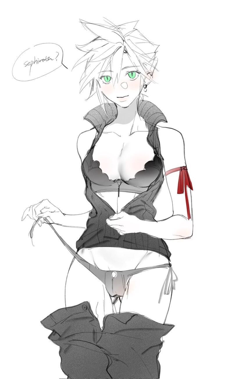 1girl arm_ribbon bra chinese_commentary clothes_pull cloud_strife commentary earrings final_fantasy final_fantasy_vii final_fantasy_vii_advent_children genderswap genderswap_(mtf) green_eyes greyscale hands_up highres jewelry light_smile monochrome official_alternate_eye_color open_clothes open_vest panties pants pants_pull partially_unzipped red_ribbon ribbon screentones short_hair side-tie_panties sketch slit_pupils solo speech_bubble spiked_hair spot_color stud_earrings underwear undressing upper_body vest white_background xianyu314