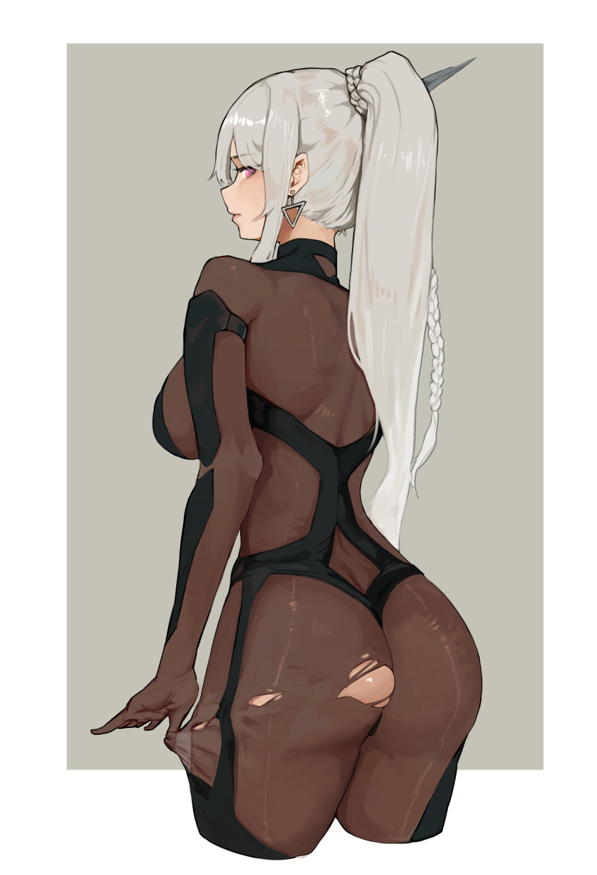 1girl absurdres alternate_skin_color ass bodystocking breasts closed_mouth commentary earrings english_commentary girls&#039;_frontline girls&#039;_frontline_2:_exilium grey_background grey_hair highres i_bucket jewelry long_hair looking_at_viewer looking_back nemesis_(girls&#039;_frontline_2) ponytail purple_eyes solo torn_bodystocking torn_clothes two-tone_background white_background