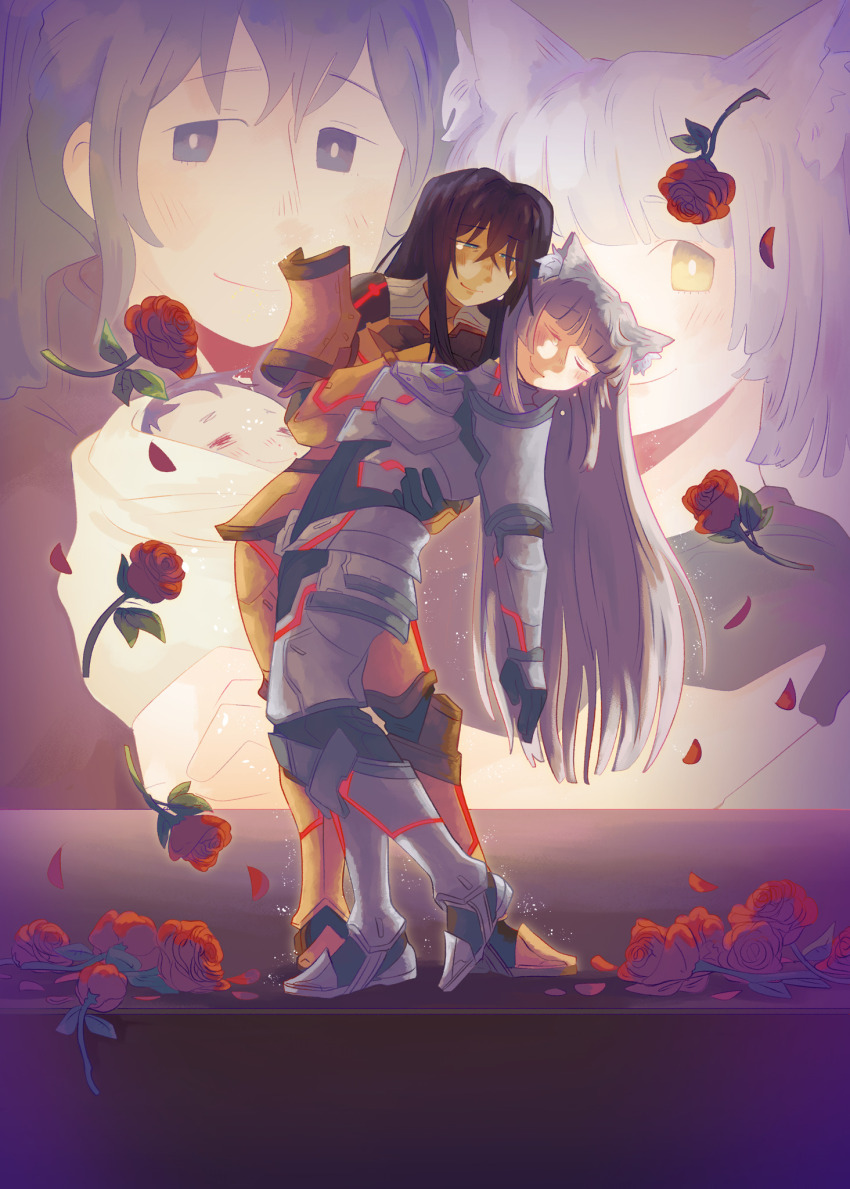 1boy 1girl animal_ears armor black_hair blunt_ends blush cat_ears cat_girl crying crying_with_eyes_open dancing flower grey_hair hair_between_eyes highres hoshizora_lone long_hair m_(xenoblade) n_(xenoblade) rose sidelocks smile spoilers tears xenoblade_chronicles_(series) xenoblade_chronicles_3